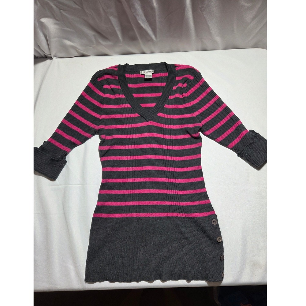 Cool Attitude‎ Black Pink Striped Ribbed V-Neck Tunic Sweater 2X 3/4 Sleeve
